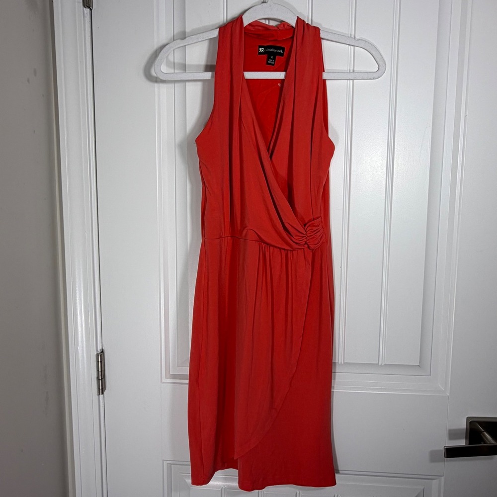 Valerie Bertinelli Coral Orange Halter Faux Wrap Dress Size 4 Ruched 8492